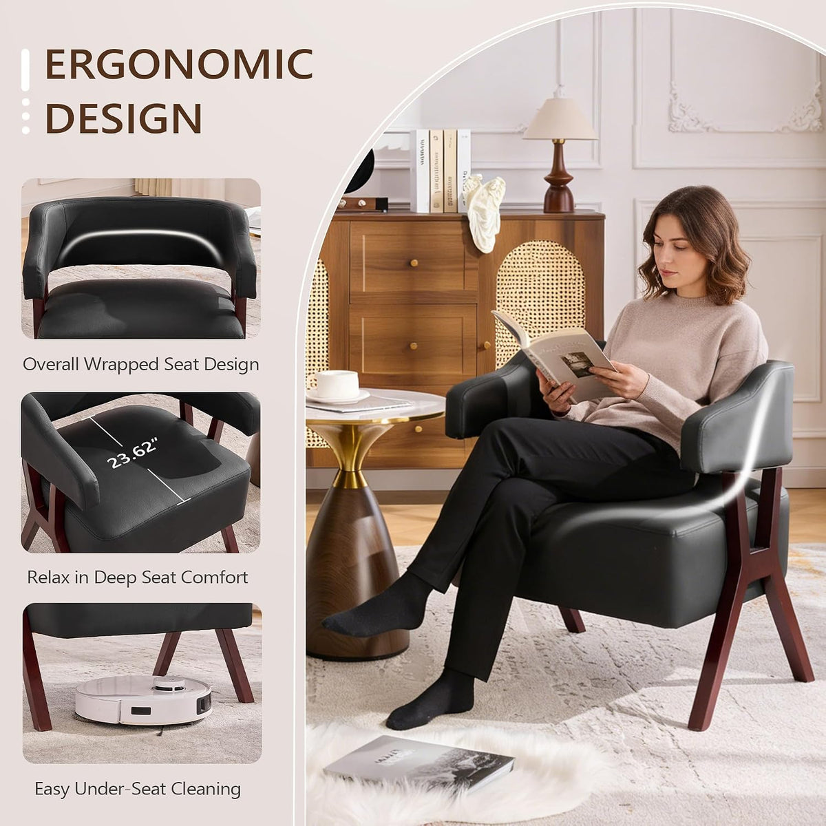 JIASTING Barrel Accent Chairs, Faux Leather Chair with Wood Frame (2, Black)