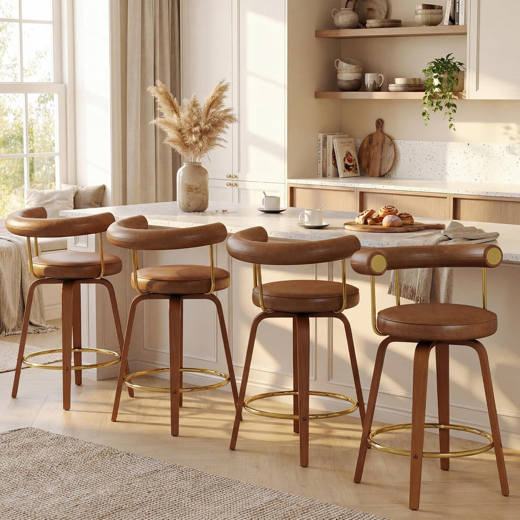 TYBOATLE Swivel Bar Stools Set of 2, Counter Height Bar Stools with Bent Wood Legs and Back, Mid-Century Modern Faux Leather Bar Chairs Island Barstools for Kitchen (4, Brown)