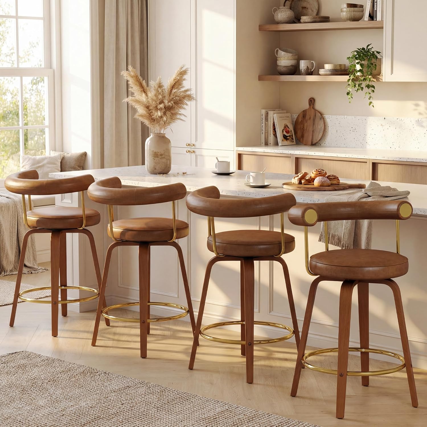 TYBOATLE Swivel Bar Stools Set of 2, Counter Height Bar Stools with Bent Wood Legs and Back, Mid-Century Modern Faux Leather Bar Chairs Island Barstools for Kitchen (4, Brown)