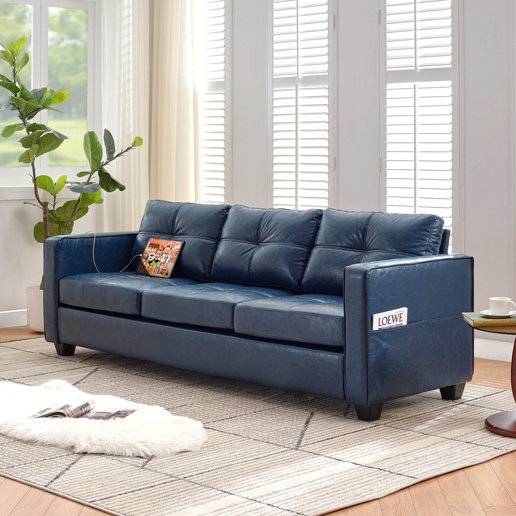 TYBOATLE Faux Leather Couch w/Side Pockets, Mid-Century Modern Tufted Comfy Leather Couches w/USB and Wider Arms, 3 Seater Sofa for Office, Apartment, Bedroom, Blue