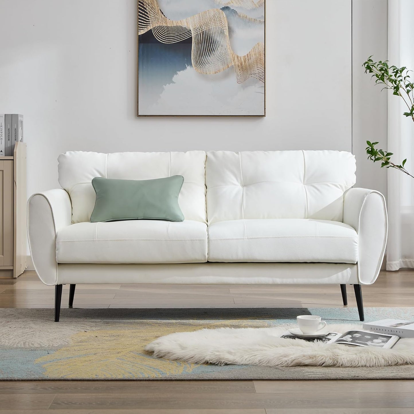 Sofa Couch 61" Small Loveseat Couches for Living Room White Leather Couch Mid Century Modern Tufted Mini Sofa Comfy Office 2 Seat Settee Love Seat Small Couches for Small Spaces Bedroom (1, White)