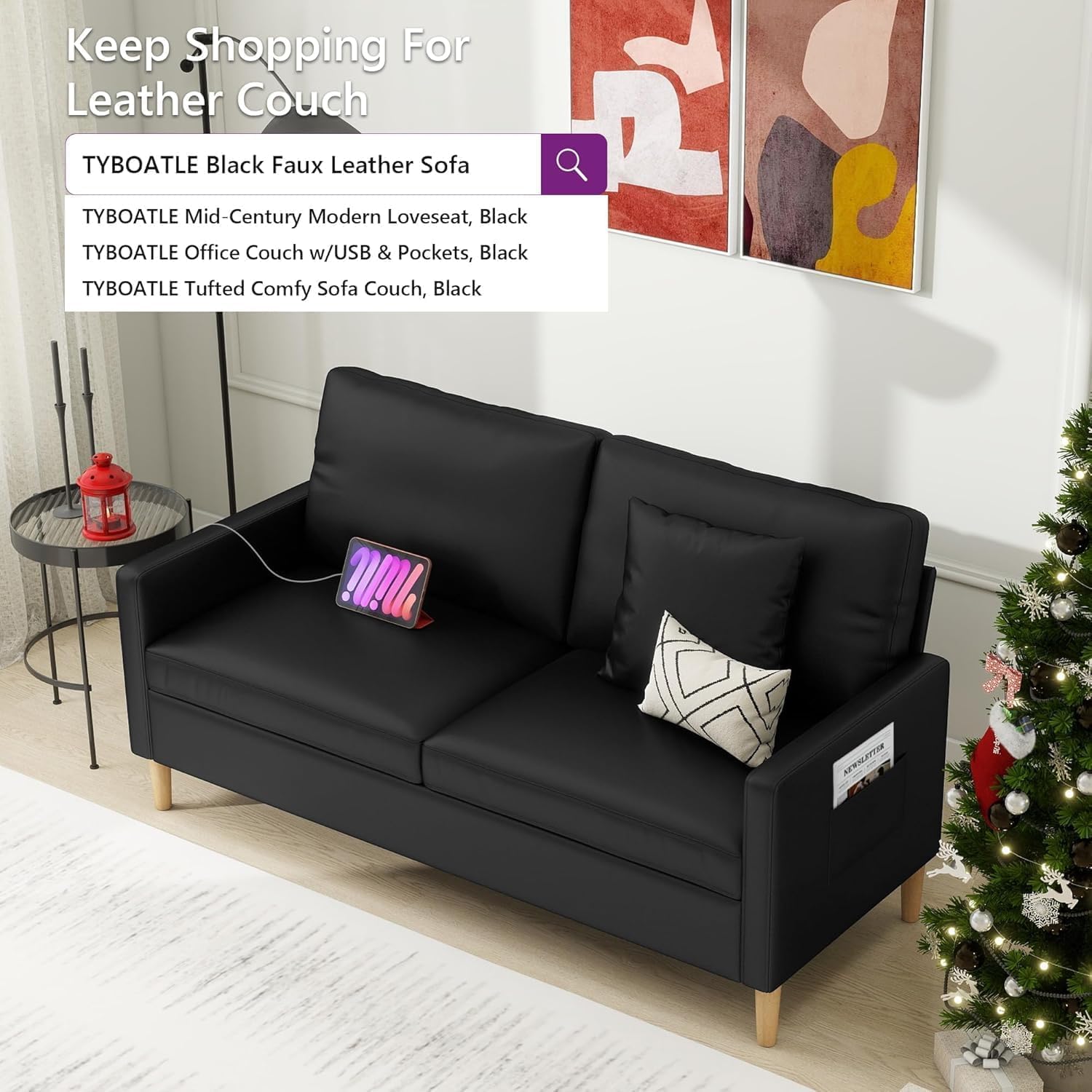 TYBOATLE Black Faux Leather Loveseat Sofa and Accent Chair Set of 2 (3) | 3 Piece Living Room Set, Mid-Century Modern, Side Pockets & USB, Office, Small Space, Bedroom, Apartment