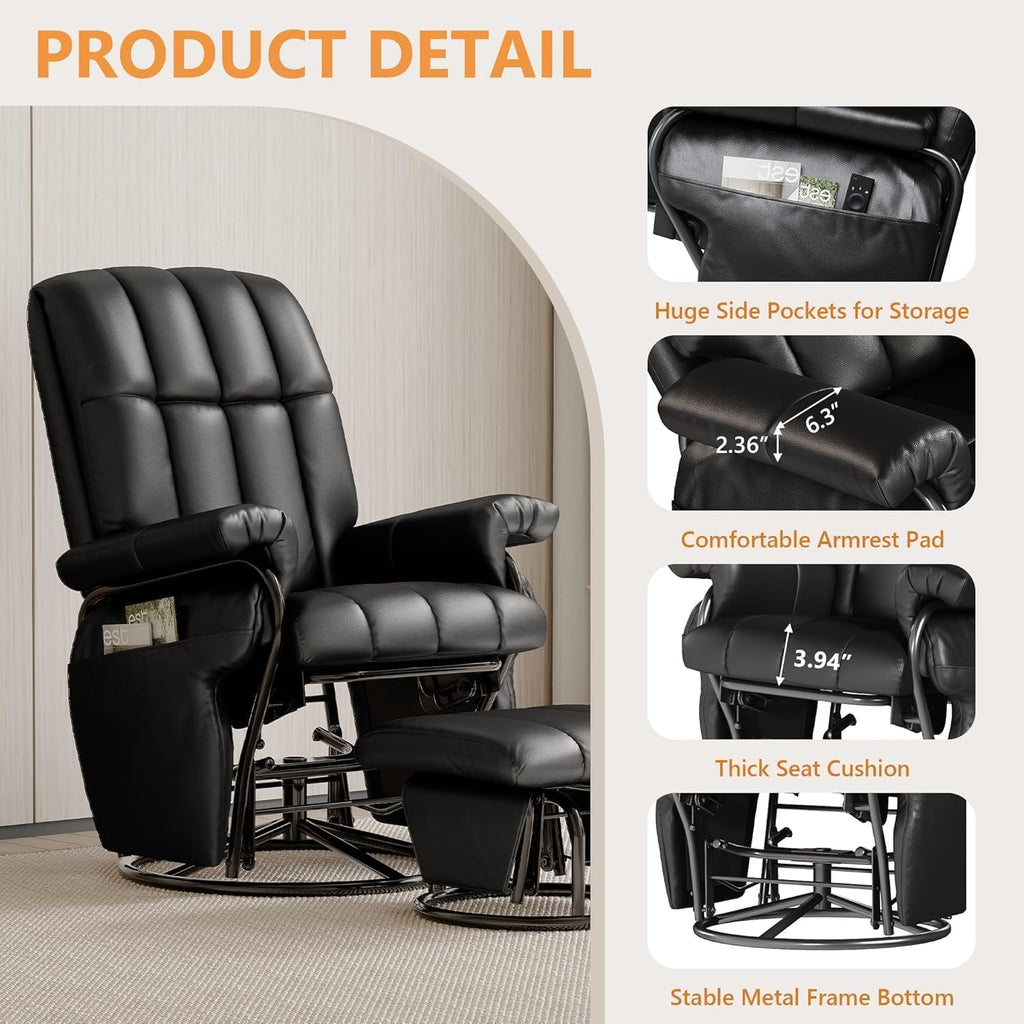 JIASTING 360° Swivel Recliner Chair, Nursing Glider Rocking Recliner Chair with Ottoman & Side Pockets, Gliding Chair for Nursery, Office, Living Room, Bedroom, Metal Frame