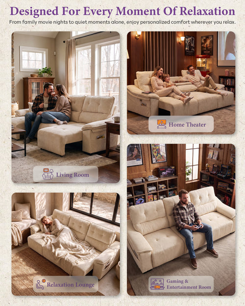 110” Electric Extendable Couch, Home Theater Seating, Reclining Sofa Bed