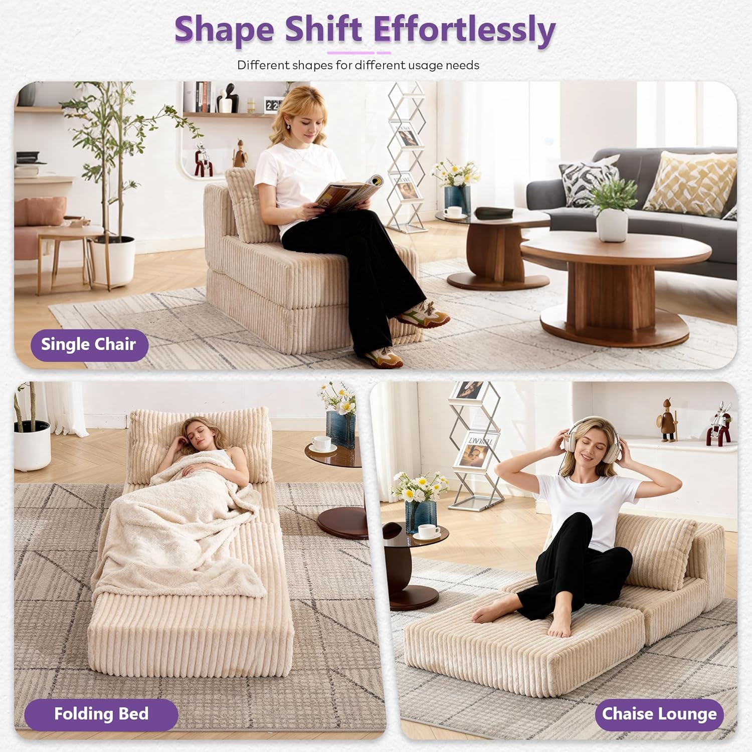 TYBOATLE Folding Sofa Bed, Convertible Sleeper Chair with Back Support and Pillow, Fold Out Floor Chair Bed, Comfy Foldable Mattress Futon Couch for Living Room, Bedroom (Cream Beige, Single Seat)