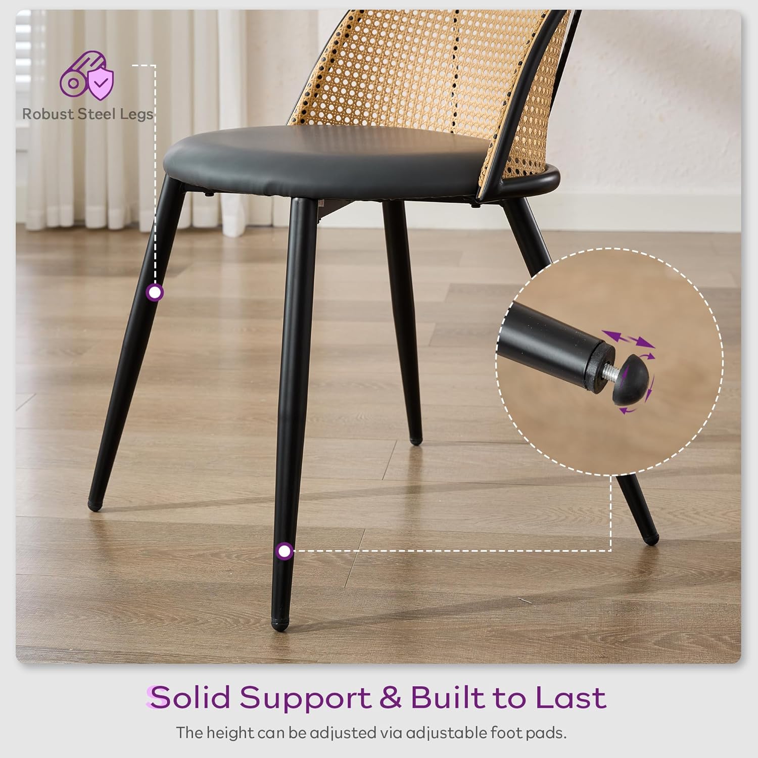 TYBOATLE Rattan Dinner Chairs Set of 4 with Faux Leather Cushion, Modern Dining Room Chairs w/Adjustable Foot Pads, Kitchen Boho Mid Century Upholstered, Black