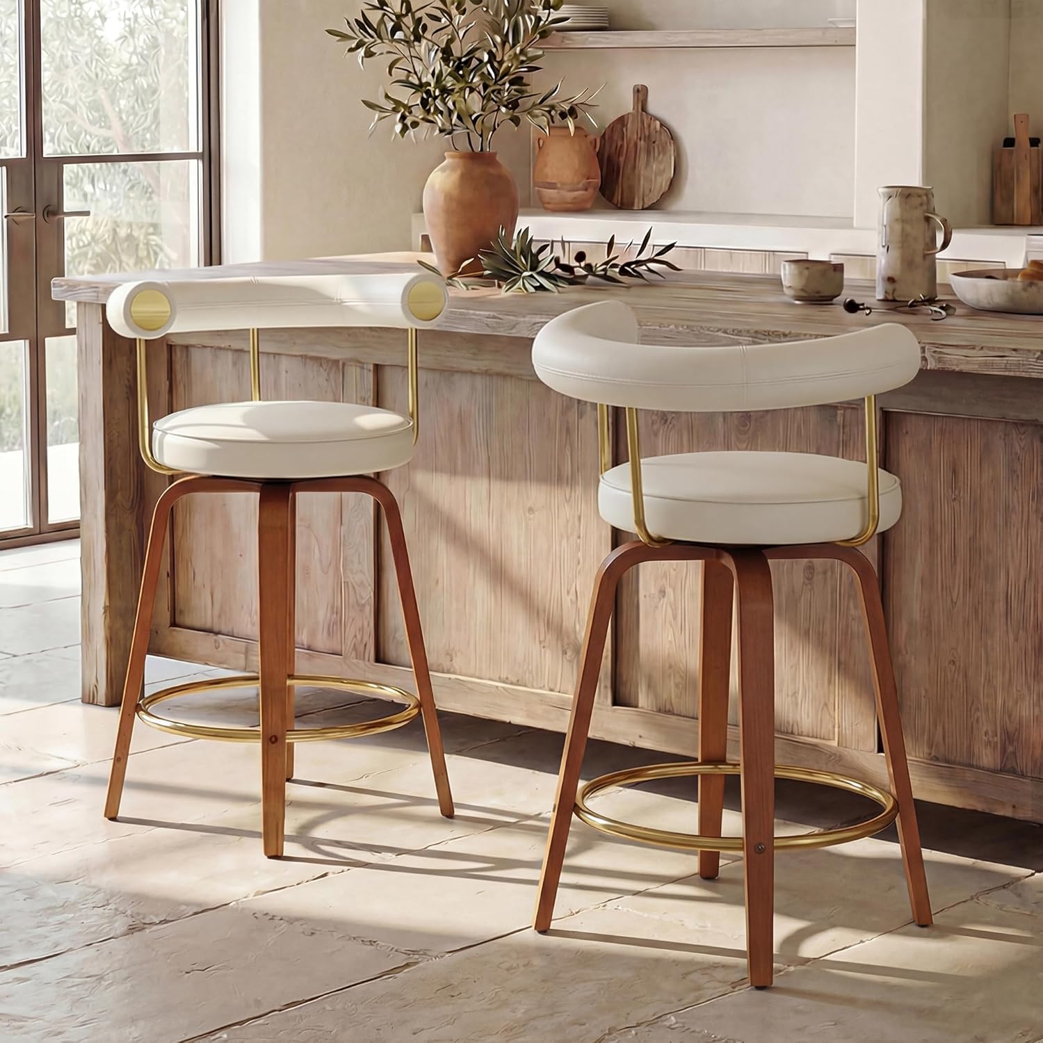 TYBOATLE Swivel Bar Stools Set of 2, Counter Height Bar Stools with Bent Wood Legs and Back, Mid-Century Modern Faux Leather Bar Chairs Island Barstools for Kitchen (2, White)