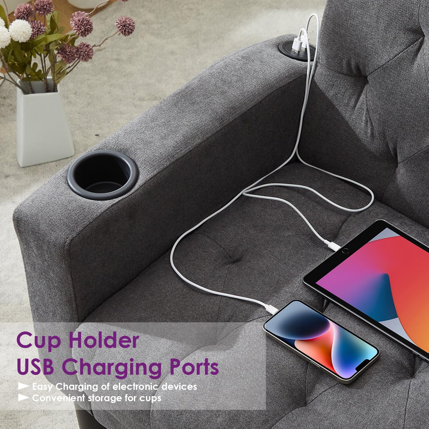 TYBOATLE 62" W Loveseat Sofa w/ 2 USB Charger Ports and 2 Cupholders, Mid-Century Modern Tufted Linen Fabric Small Love Seat Couches for Compact Living Room, Bedroom, Apartment, Dorm (1, Dark Grey)