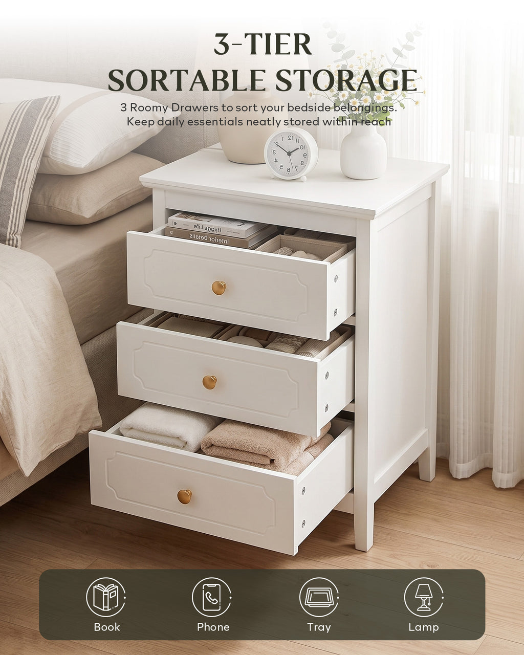 YIGOBUY 3 Drawer Nightstand, Modern Storage Night Stand White Narrow Bedside Table with Gold Knobs,Wood End Table