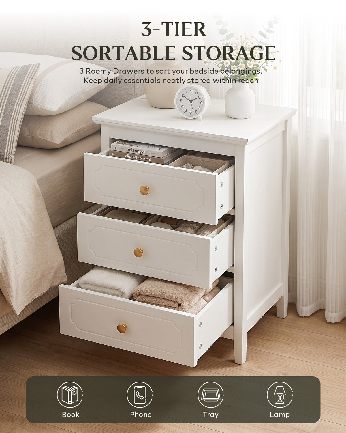 YIGOBUY 3 Drawer Nightstand, Modern Storage Night Stand White Narrow Bedside Table with Gold Knobs,Wood End Table