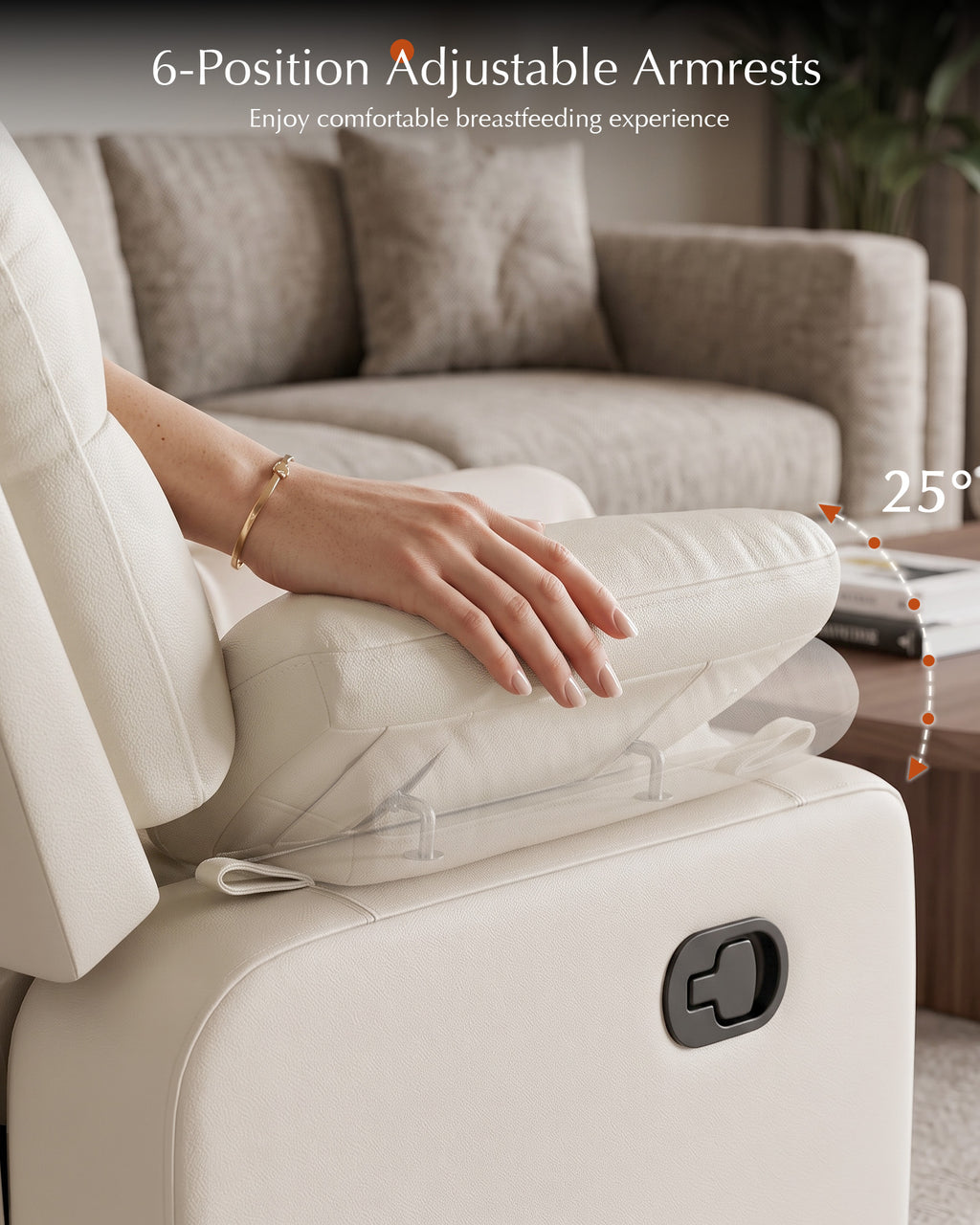 AODAILIHB Recliner Chair w/Adjustable Armrests for Adults White,360° Swivel, 30° Rocker, 135° Recline, Comfy White Leather Nursing Reclining Sofa Chair for Living Room, RV