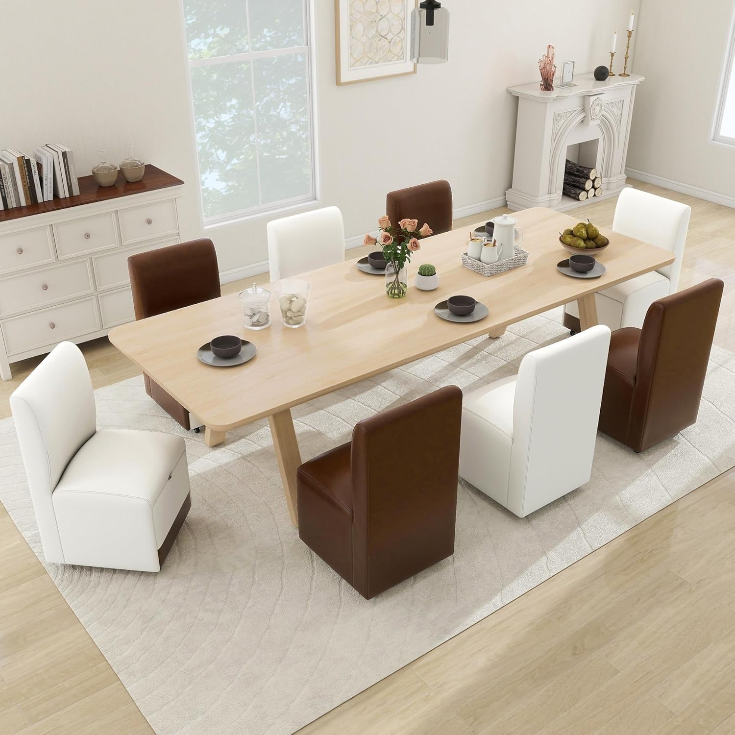 TYBOATLE Upholstered Dining Chairs Set of 4 Swivel Dining Room Chairs Kitchen Chairs w/Casters & Storage Comfy Modern Rolling White Chair for Living Room Fabric Armless Chair (4, Linen)