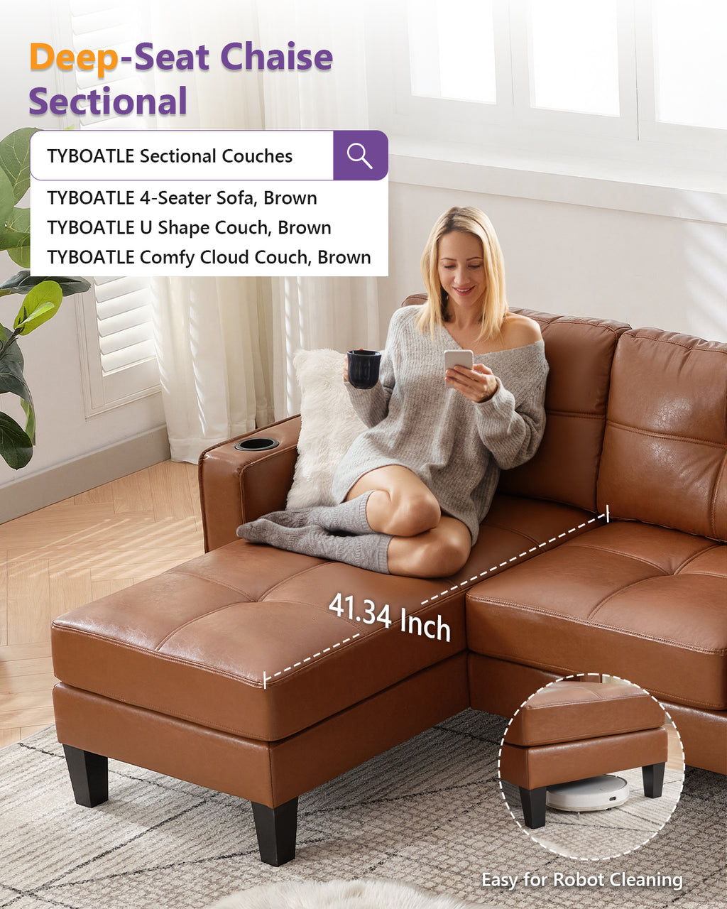 TYBOATLE 116’’ W Brown Faux Leather Sectional Couch w/USB and Cup Holders for Living Room, Comfy Tufted U Shaped Modular Convertible Sofa w/Chaise Lounge, Office Leather Sofa for Bedroom