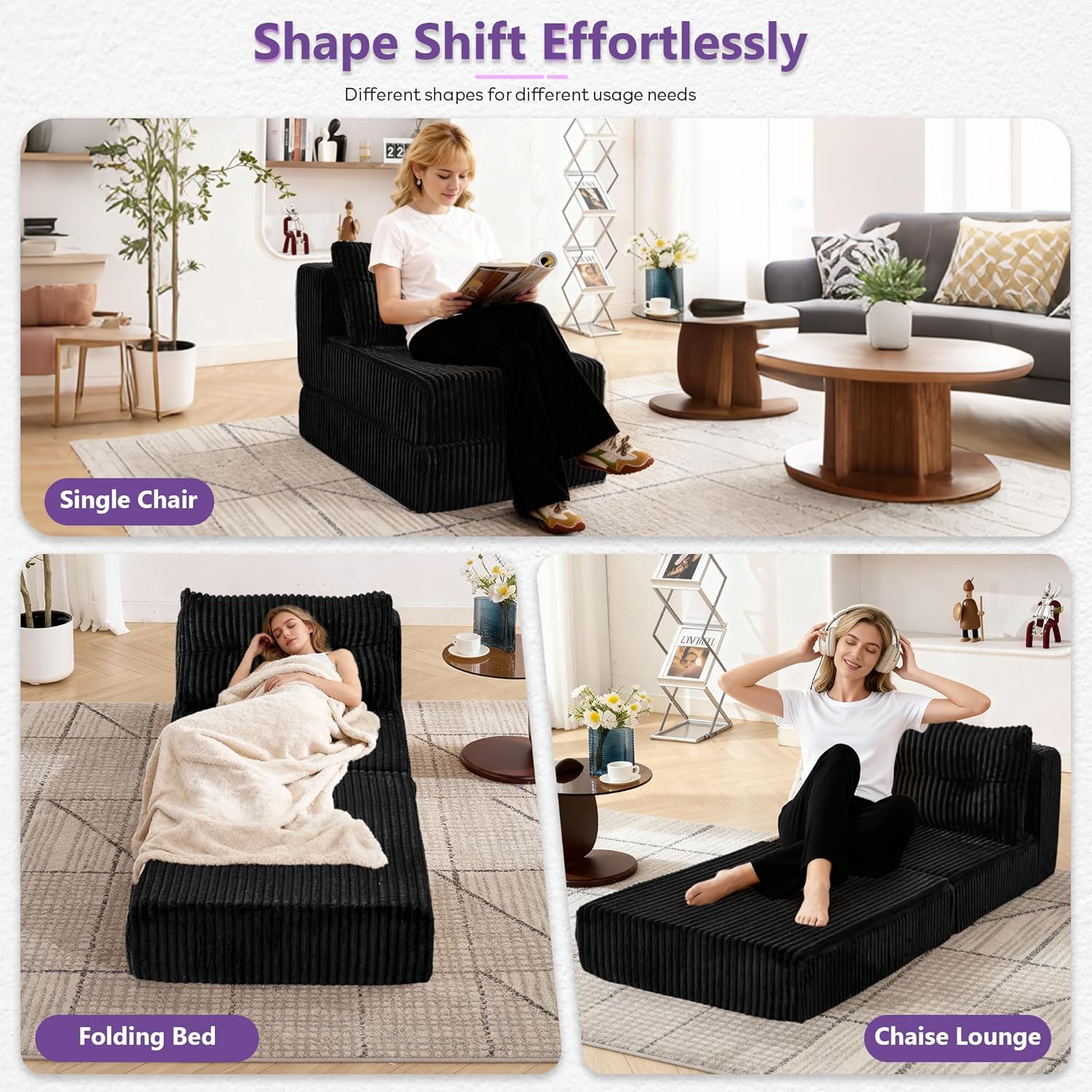 TYBOATLE Folding Sofa Bed, Convertible Sleeper Chair with Back Support and Pillow, Fold Out Floor Chair Bed, Comfy Foldable Mattress Futon Couch for Living Room, Bedroom (Black, Single Seat)