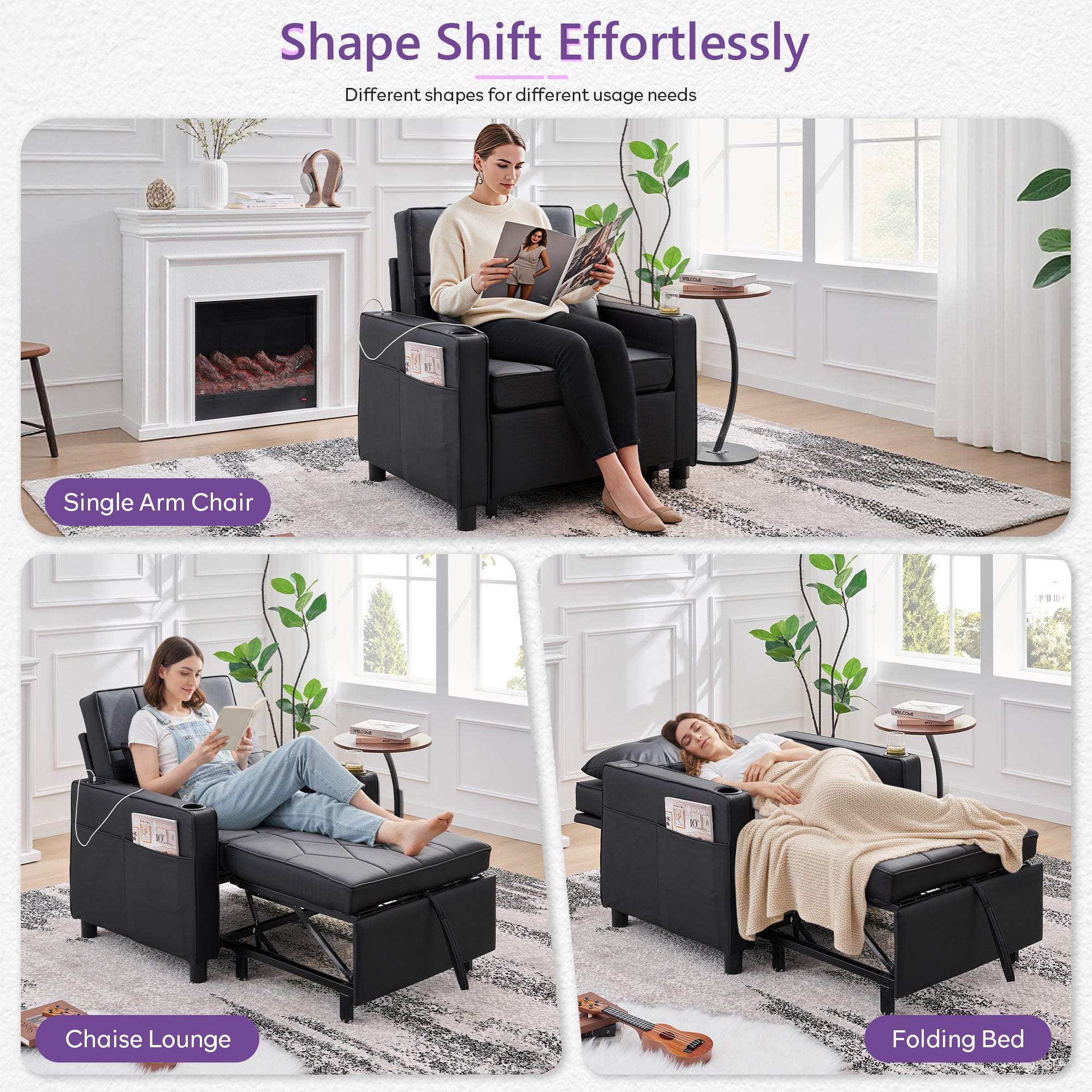 TYBOATLE Leather Convertible Sleeper Chair Bed for Adults, 3-in-1 Pull Out Sofa Chair Bed with USB/Type-C Ports, Cup Holders, Side Pockets, Single Sofa for Living Room, Office, Bedroom (Black)