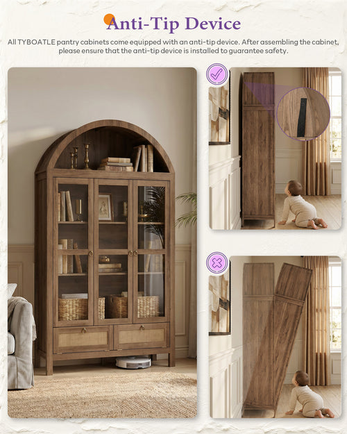 75'' Arched Cabinet, Arch Storage Cabinet w/Power Strip Kitchen, Natrual | TYBOATLE, Farmhouse Pantry Cabinet, Open Shelves, Soft-Close Doors, Anti-Tip Device, X-Frame Doors, Coffee Bar Storage