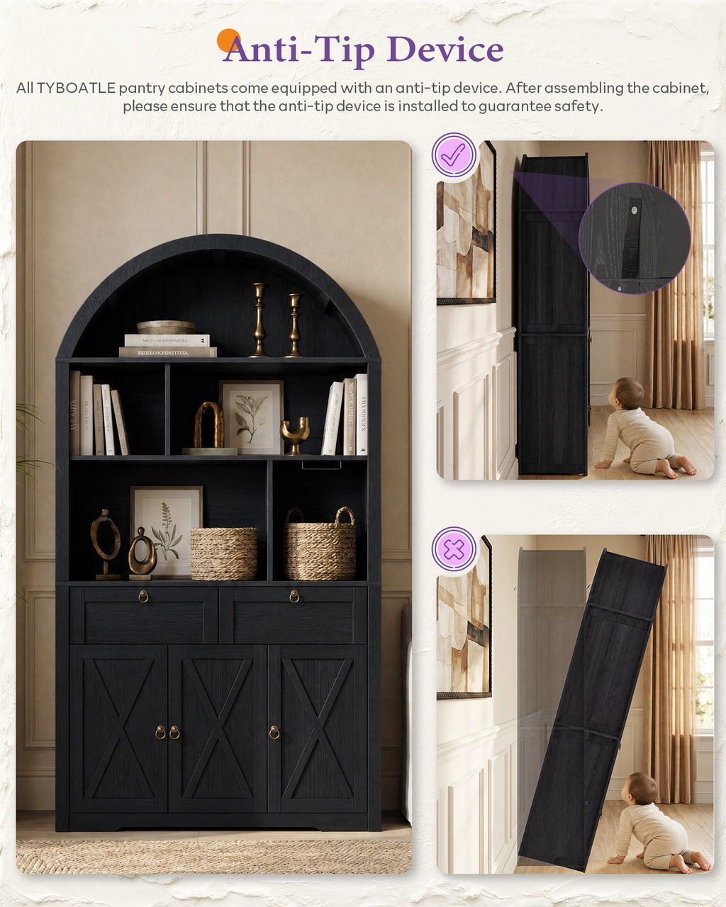 75'' Arched Cabinet, Arch Storage Cabinet with Power Strip Kitchen Dining | TYBOATLE, Farmhouse Pantry Cabinet, Open Shelves, Soft-Close Doors, Anti-Tip Device, X-Frame Doors, Coffee Bar Storage