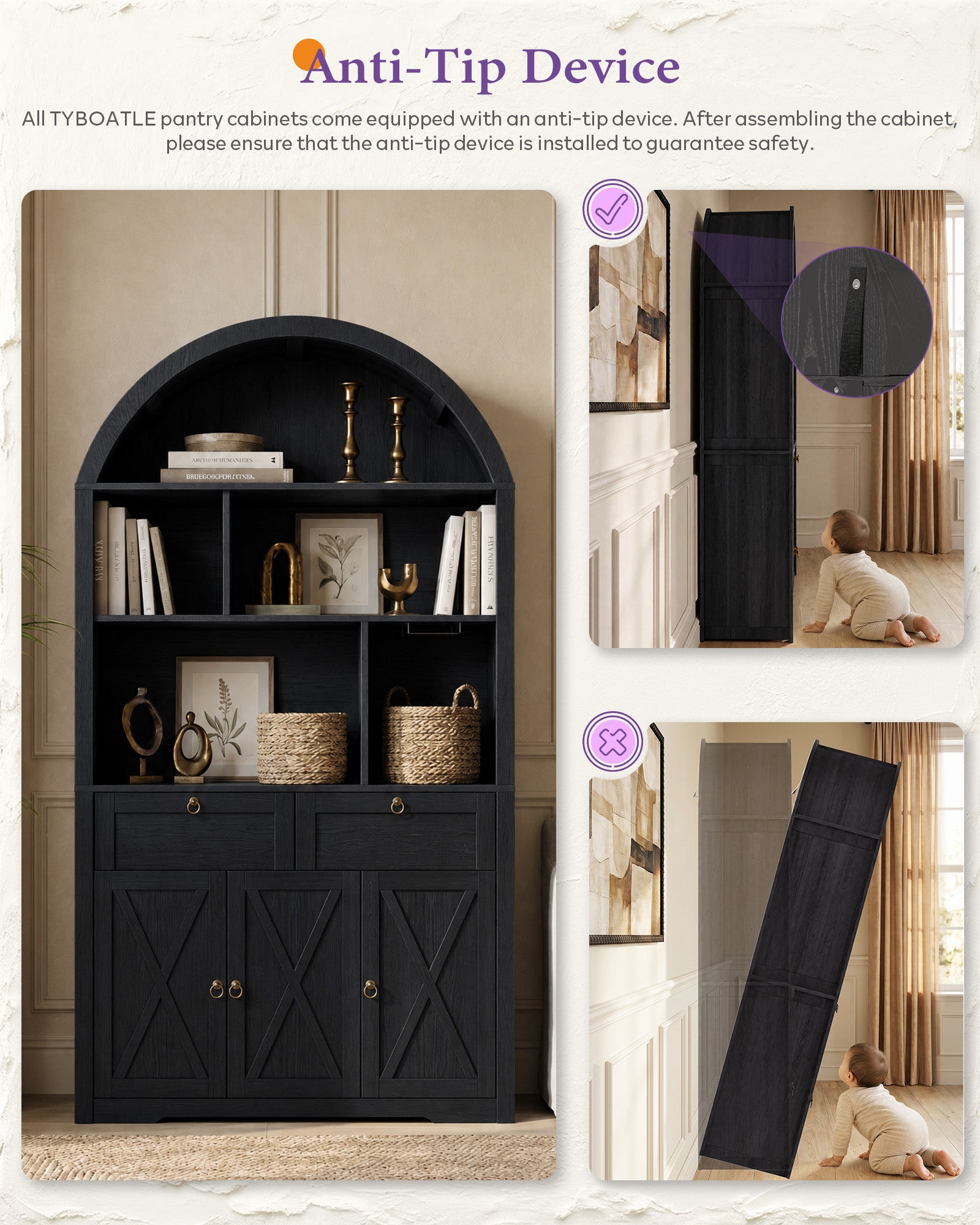 75'' Arched Cabinet, Arch Storage Cabinet with Power Strip Kitchen Dining | TYBOATLE, Farmhouse Pantry Cabinet, Open Shelves, Soft-Close Doors, Anti-Tip Device, X-Frame Doors, Coffee Bar Storage