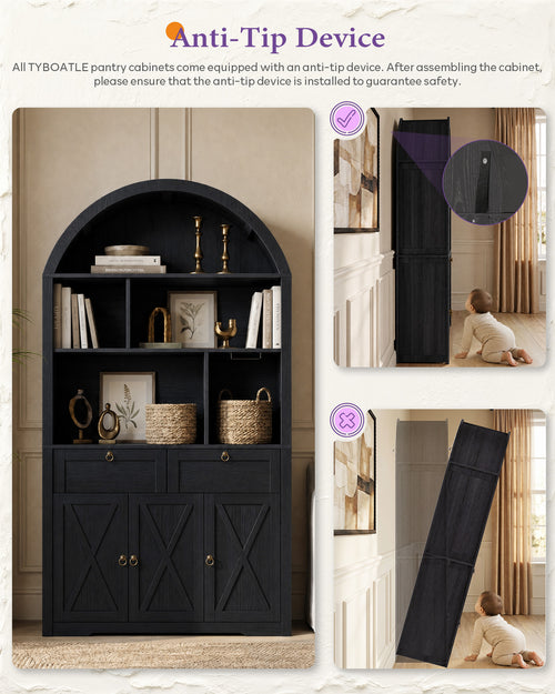 75'' Arched Cabinet, Arch Storage Cabinet with Power Strip Kitchen Dining | TYBOATLE, Farmhouse Pantry Cabinet, Open Shelves, Soft-Close Doors, Anti-Tip Device, X-Frame Doors, Coffee Bar Storage