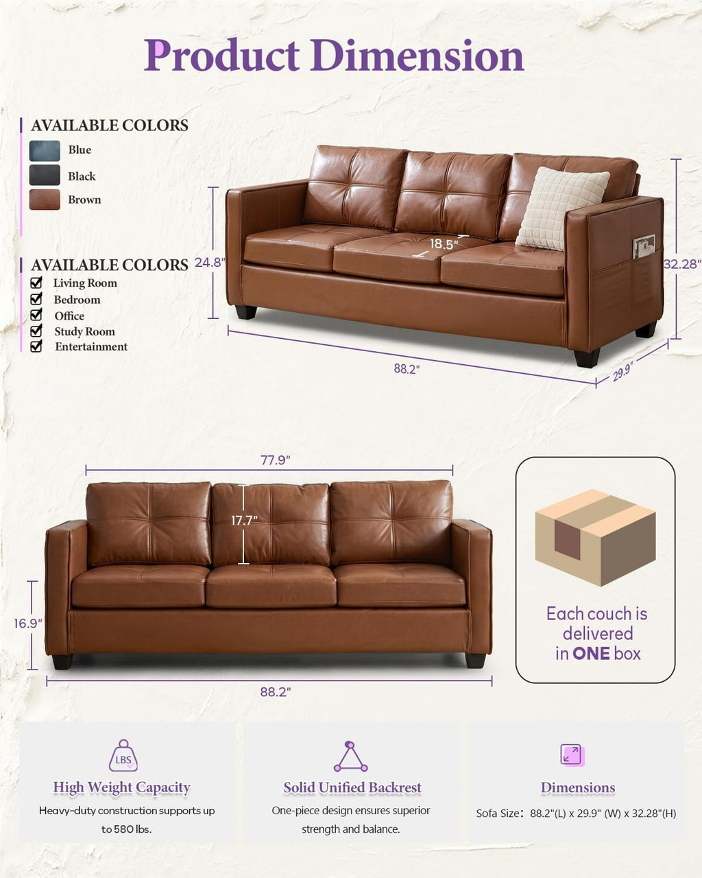 Faux Leather 4-Piece Sofa Set, Loveseat, Chair and Ottoman for Living Room | TYBOATLE, Brown Faux Leather, 3-Seater Couch, 2-Seater Loveseat, Oversized Chair, Ottoman, USB Charging, Side Pockets