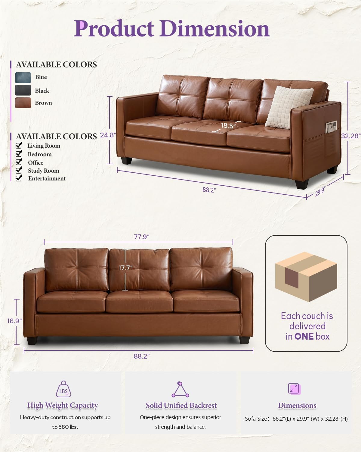 Faux Leather 4-Piece Sofa Set, Loveseat, Chair and Ottoman for Living Room | TYBOATLE, Brown Faux Leather, 3-Seater Couch, 2-Seater Loveseat, Oversized Chair, Ottoman, USB Charging, Side Pockets