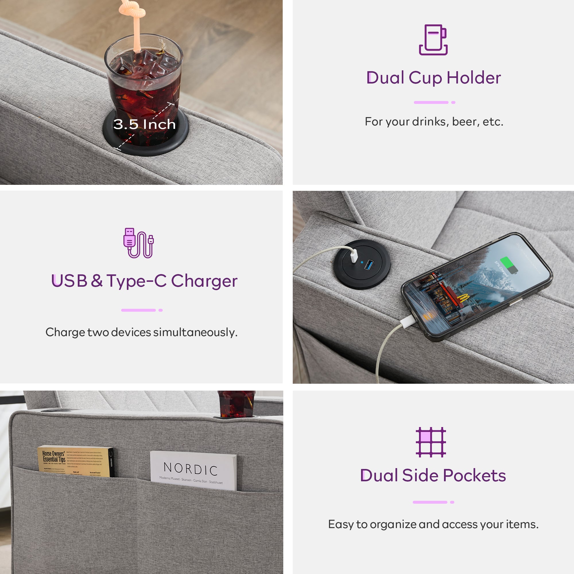 TYBOATLE Convertible Sleeper Chair Bed for Adults, 3-in-1 Pull Out Sofa Chair Bed with USB/Type-C Ports, Cup Holders, Side Pockets, Single Futon Sofa for Living Room, Bedroom, Small Space (Grey)