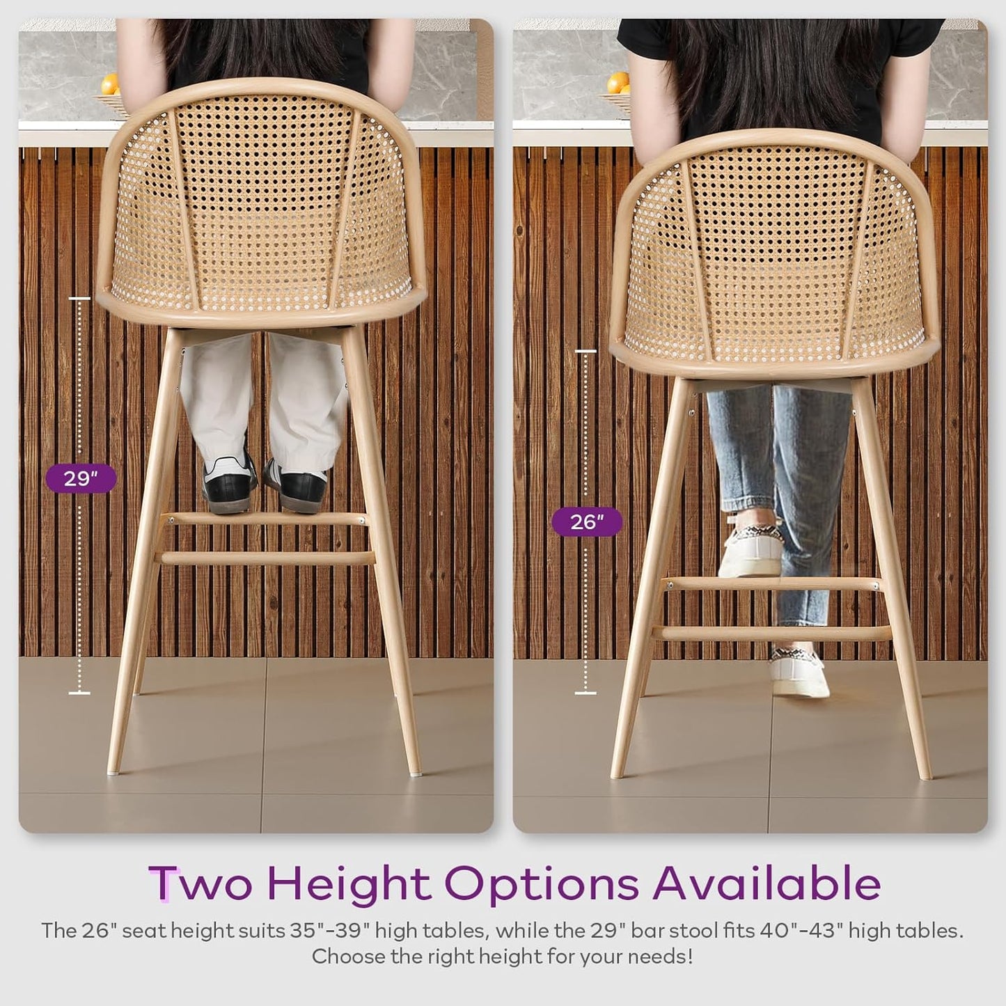 TYBOATLE 26'' BarStools Set of 4 w/Rattan Backrest, Swivel Counter Height Bar stools w/Metal Legs, Modern Mid-Century Boho Bar stools with Faux Leather for Kitchen Island, Dining Room, White