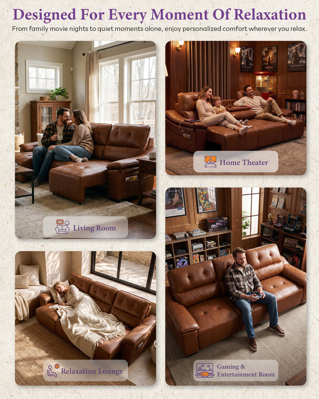 Electric Reclining Sectional Couch, Power Recliner Sofa w/USB & Type-C Charging Ports and Cup Holders, Leather Reclining Sofa for Living Room, Home Theater
