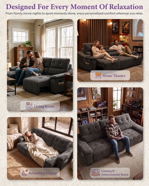 110” Electric Extendable Couch, Home Theater Seating, Reclining Sofa Bed
