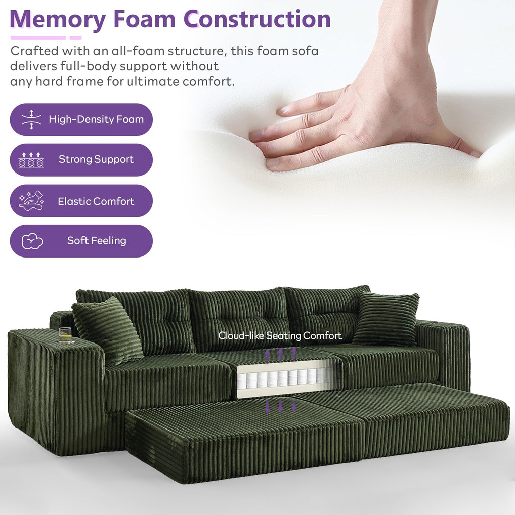 TYBOATLE Modular Sectional Sofa Couch, Corduroy Cloud Boneless Foam Couch with Deep Seats & Cup Holder, Modern Comfy Sleeper Sofa with L-Shape Chaise, No Assembly (Forest Green)