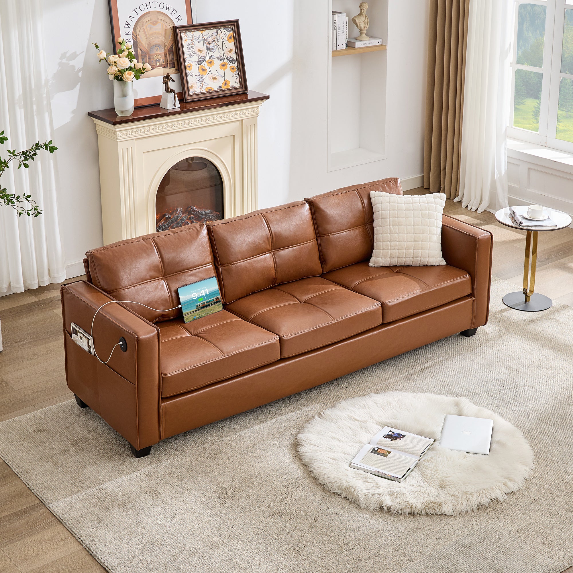 TYBOATLE 88" W Faux Leather Couch w/Side Pockets, Mid-Century Modern Tufted Comfy Leather Couches w/USB and Wider Arms, 3 Seater Sofa for Office, Apartment, Bedroom, Brown (Brown, 3 Seater)