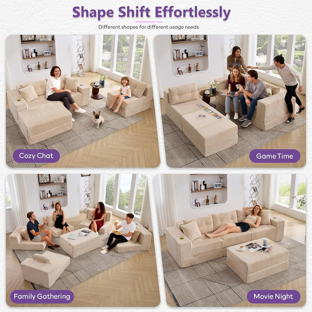 TYBOATLE Modular Sectional Sofa Couch, Corduroy Cloud Boneless Foam Couch with Deep Seats & Cup Holder, Modern Comfy Sleeper Sofa with L-Shape Chaise, No Assembly (Cream Beige)