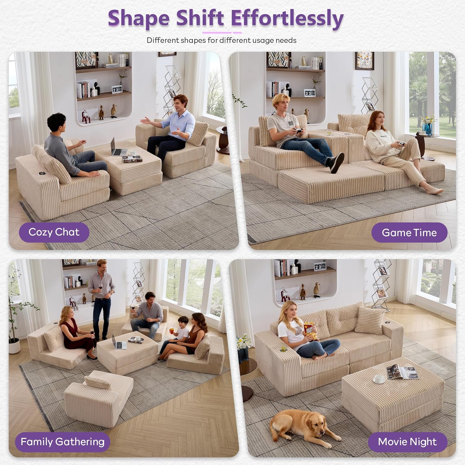 TYBOATLE Modular Cloud Sofa Loveseat with Ottoman, Corduroy Boneless Sectional Foam Couch with Deep Seats, Modern Convertible Sleeper Sofa Bed for Living Room, No Assembly (Cream Beige, 2 Seat)