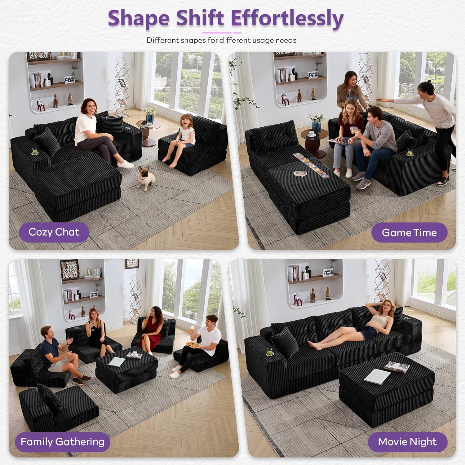 TYBOATLE Modular Sectional Couch, Corduroy Cloud Boneless Foam Sofa Couch with Deep Seats & Cup Holder, Modern Comfy Sleeper Sofa with L-Shape Chaise, No Assembly (Black, 3 Seat)