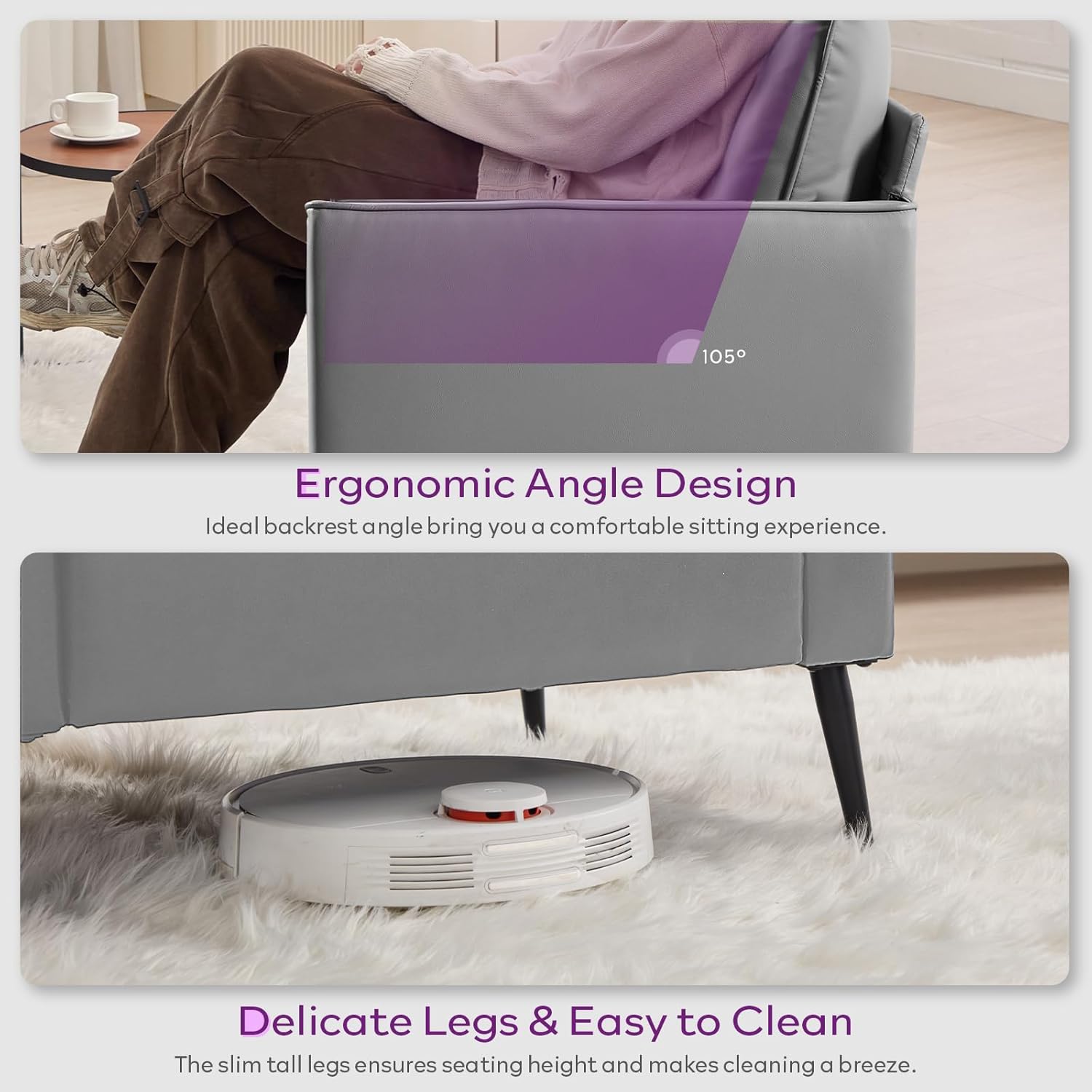 TYBOATLE Accent Chairs Set of 2, Faux Leather Chairs, Mid Century Modern Comfy Living Room Chairs, Cozy Office Reading Chair, Reception Armchairs for Office, Bedroom, Waiting Room (Grey) (2)