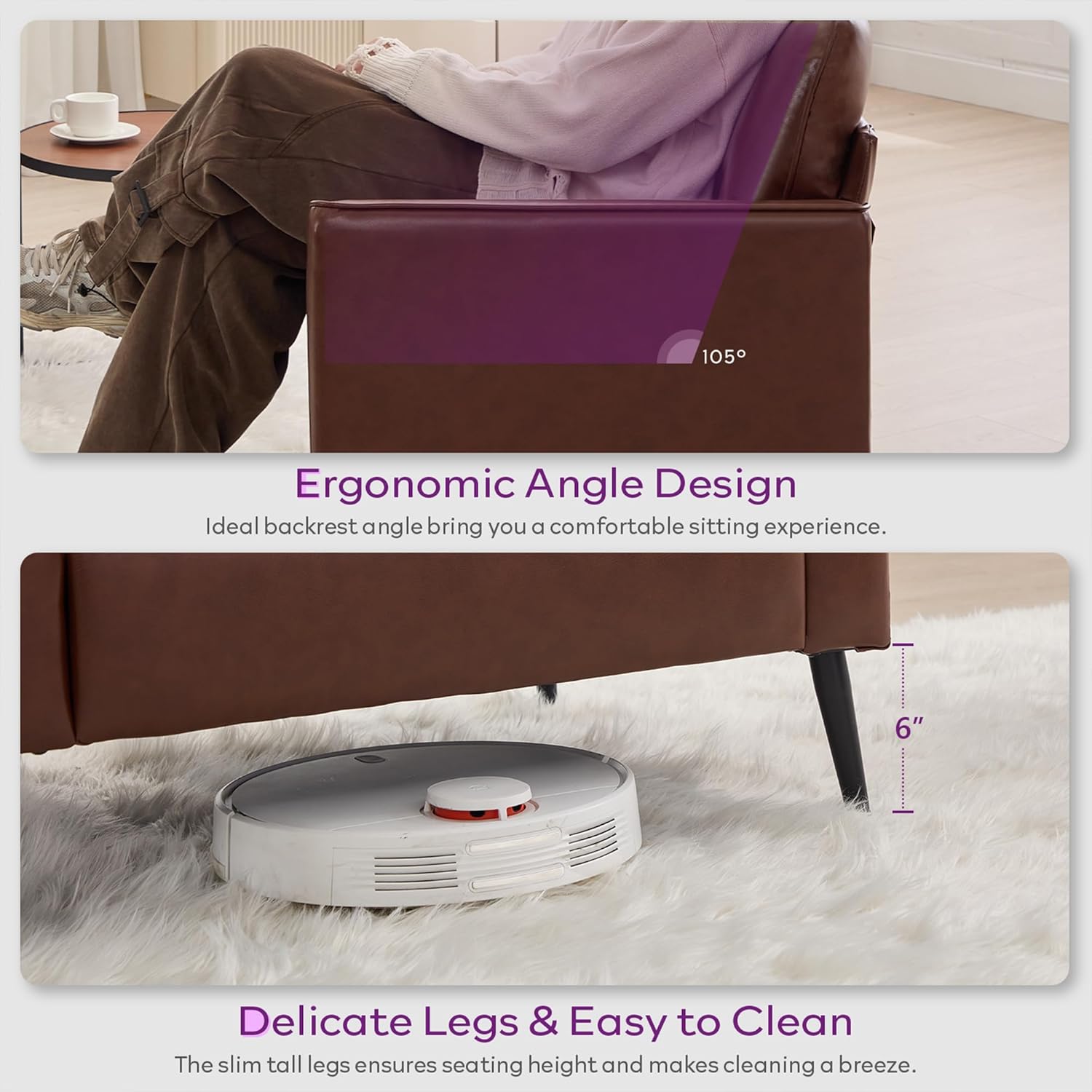 TYBOATLE Accent Chairs Set of 2, Brown Faux Leather Chairs, Comfy Living Room Chairs, Cozy Office Reading Chair, Mid Century Modern Sofa Chairs, Armchairs for Office, Bedroom