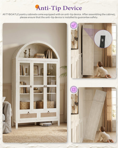 75'' White Arched Cabinet, Arch Storage Cabinet, Pantry with 3 Glass Doors | TYBOATLE, Pantry Cabinet, Farmhouse Style, Rattan Drawers, Anti-Tip Device, Kitchen, Bathroom, Dining Room, Cupboard Storage