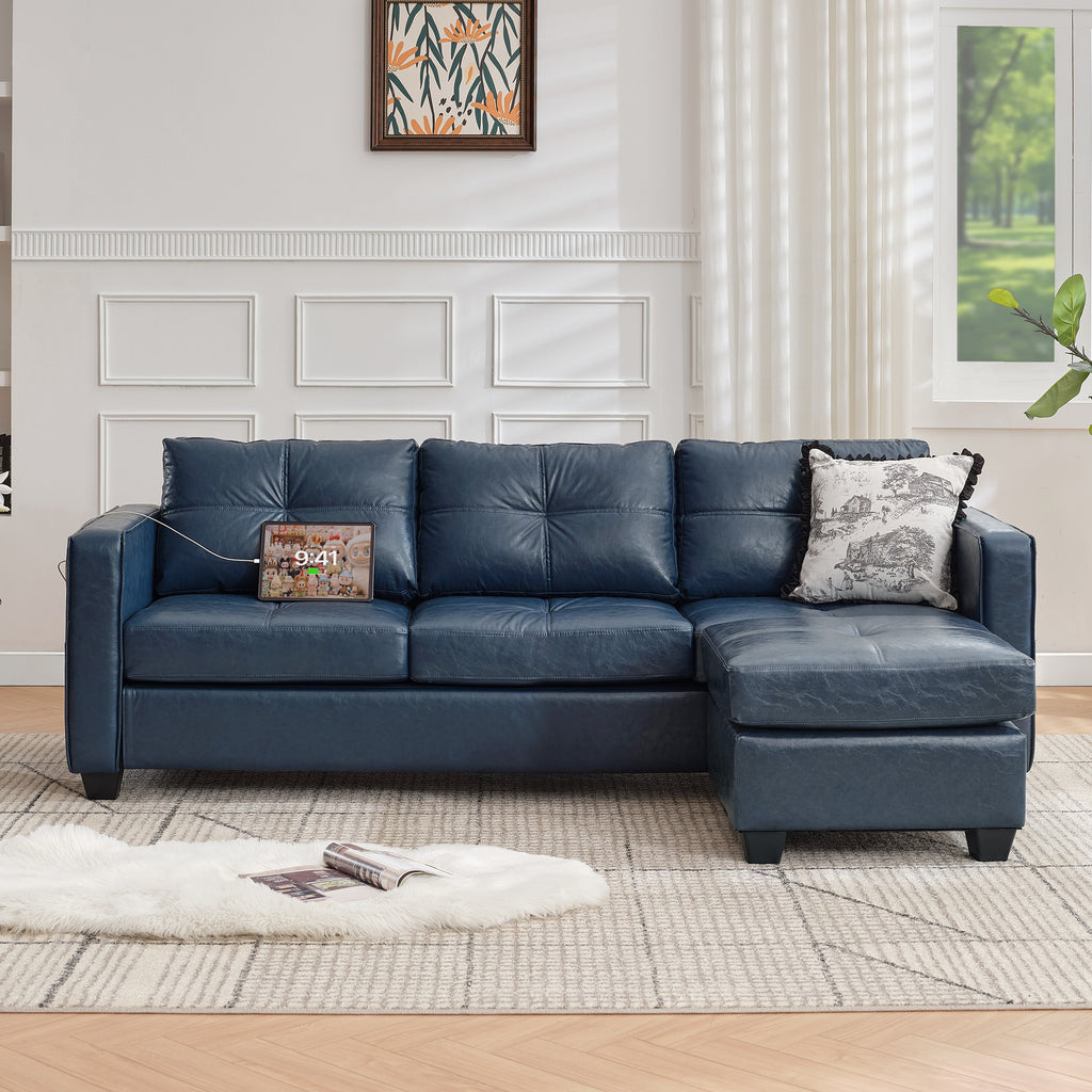 TYBOATLE 88" W Blue Faux Leather L Shaped Sectional Couches w/Side Pockets, Comfy Modular Convertible Sofas w/USB, Office Sofa Set with Chaise for Living Room, Bedroom (Blue, 3L)