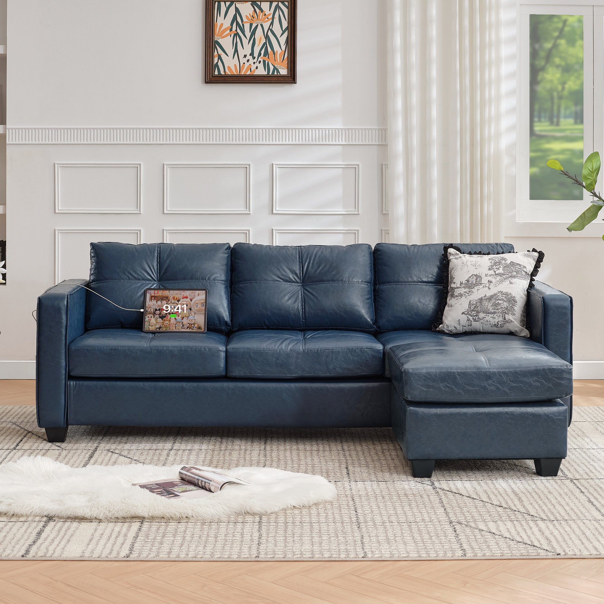 TYBOATLE 88" W Blue Faux Leather L Shaped Sectional Couches w/Side Pockets, Comfy Modular Convertible Sofas w/USB, Office Sofa Set with Chaise for Living Room, Bedroom (Blue, 3L)