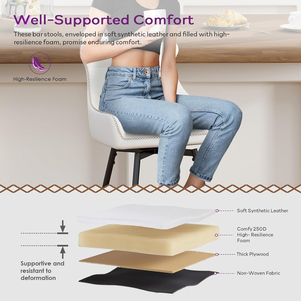 TYBOATLE 26” Leather Swivel Bar Stools Set of 4, Counter Height Bar Stools with Metal Legs, Height-Adjustable Upholstered Faux Leather Barstools for Kitchen Counter, White