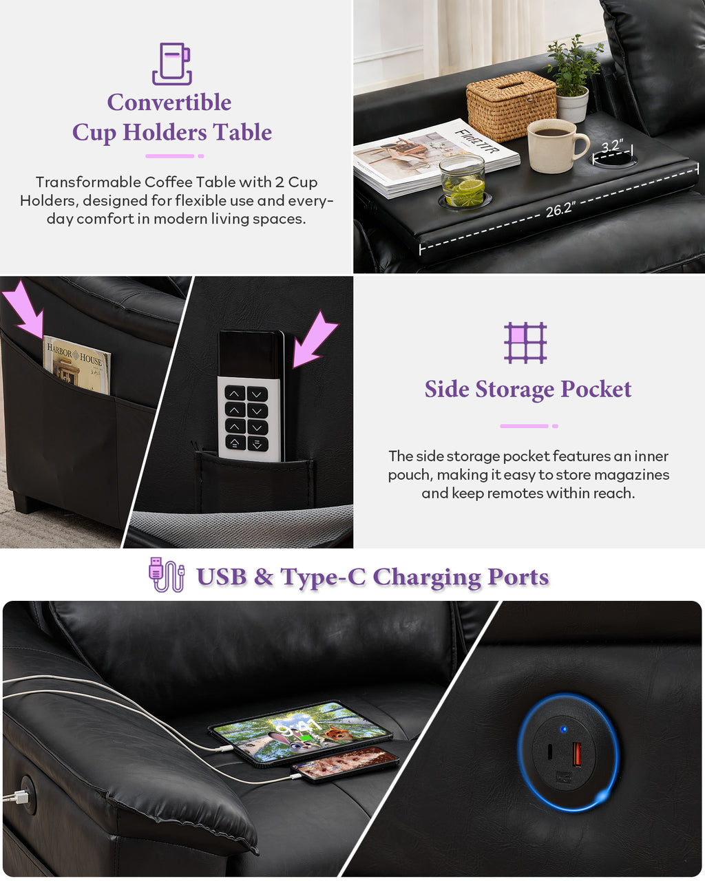 TYBOATLE Electric Reclining Sectional Couch, Power Recliner Sofa w/USB & Type-C Charging Ports and Cup Holders, Leather Reclining Sofa for Living Room, Home Theater (Black)