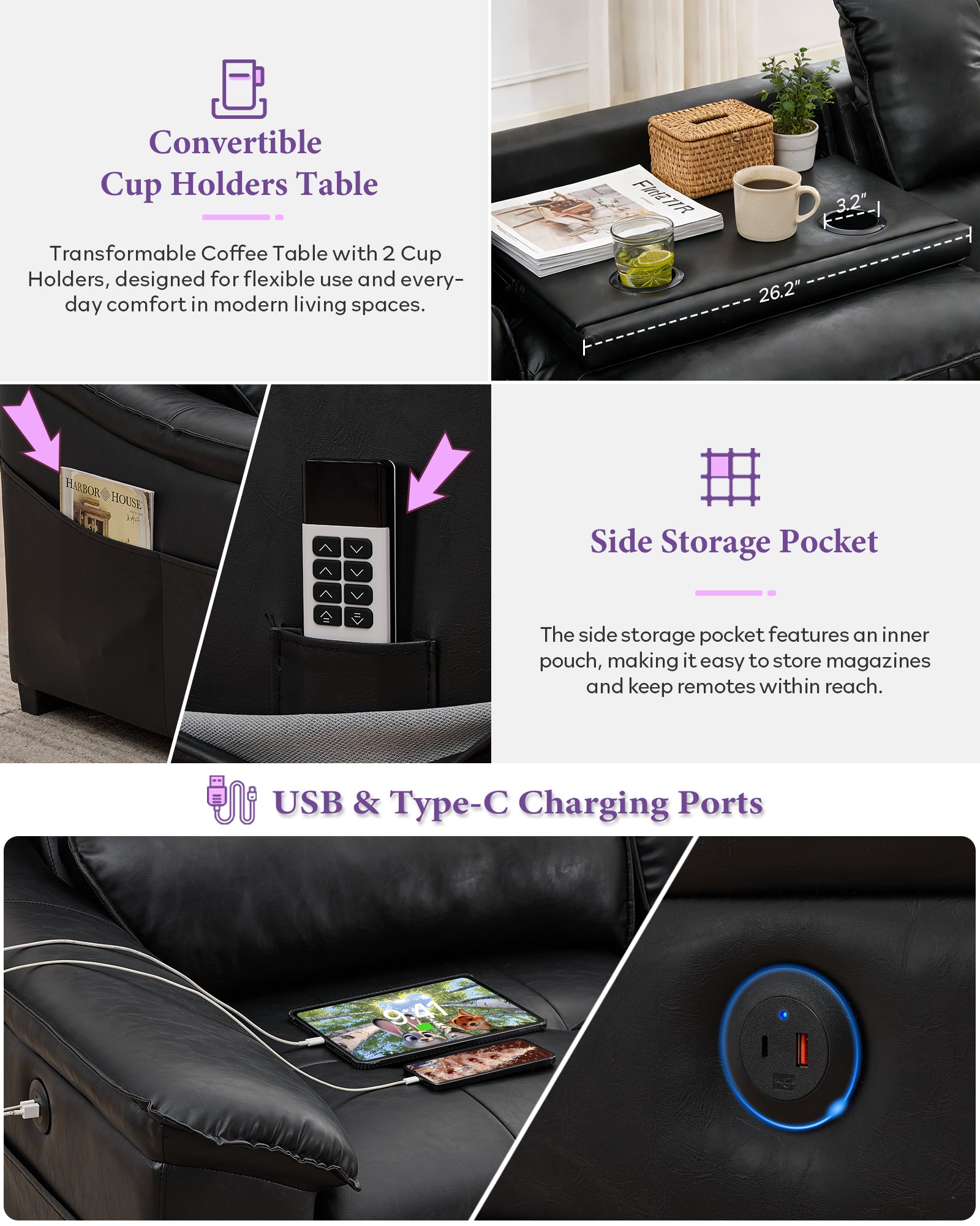 TYBOATLE Electric Reclining Sectional Couch, Power Recliner Sofa w/USB & Type-C Charging Ports and Cup Holders, Leather Reclining Sofa for Living Room, Home Theater (Black)