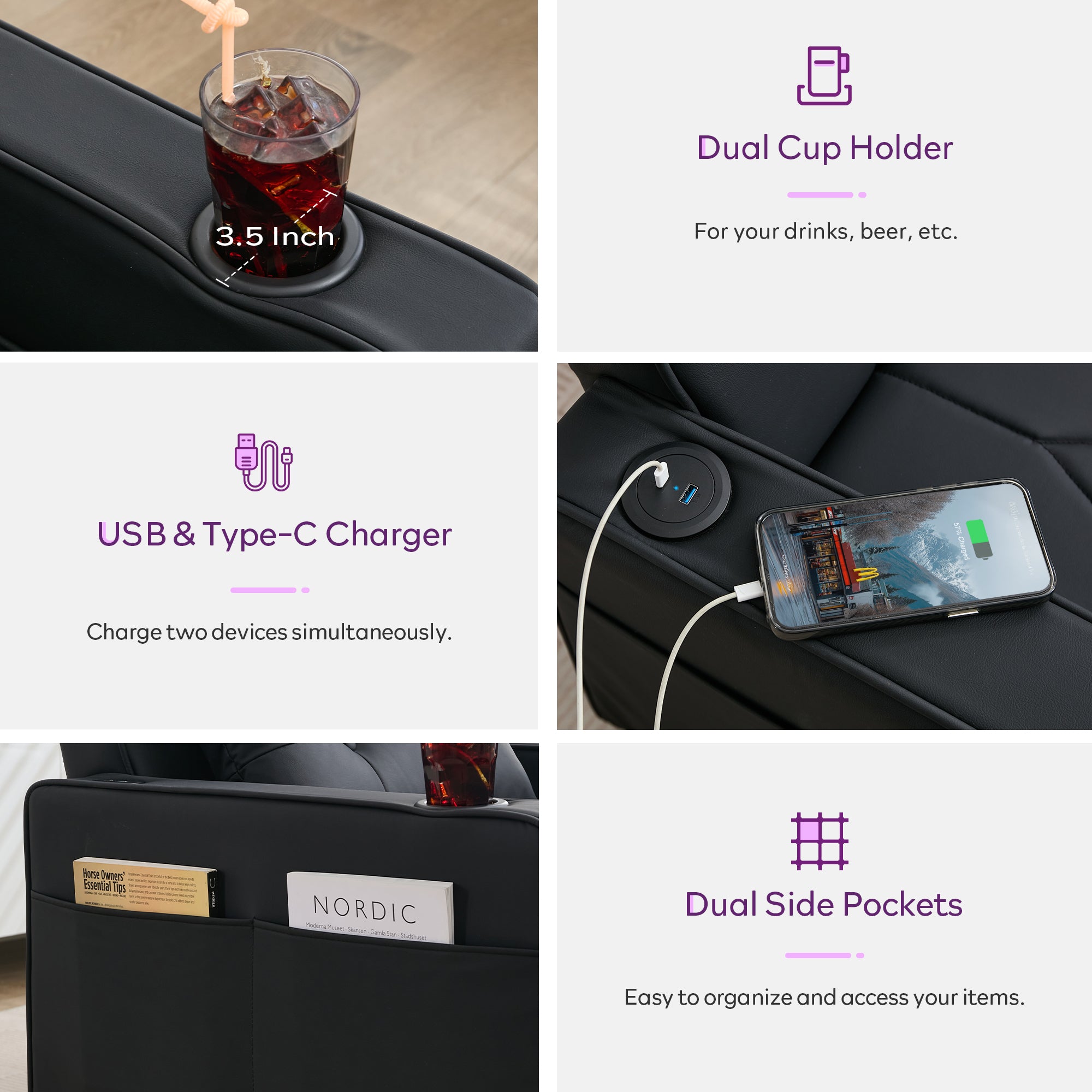 TYBOATLE Convertible Sleeper Chair Bed for Adults, 3-in-1 Pull Out Sofa Chair Bed with USB/Type-C Ports, Cup Holders, Side Pockets, Single Sofa Bed for Living Room, Bedroom, Office (Black Leather)