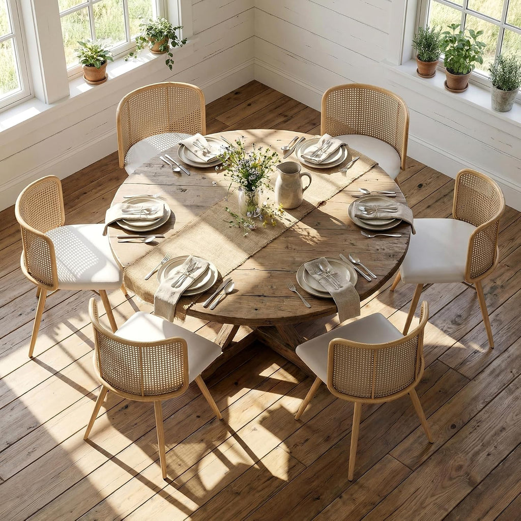 TYBOATLE Rattan Dining Chairs Set of 6, Farmhouse Boho Dining Room Chair with Natural Cane Woven Back and Faux Leather Seat, Mid-Century Modern Kitchen Chairs (6, Cream White)