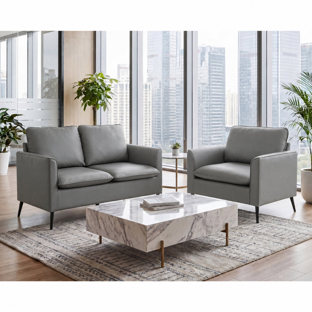 CHYMSUN Faux Leather Love Seat and Accent Chair, 2 Seater Couch, Grey