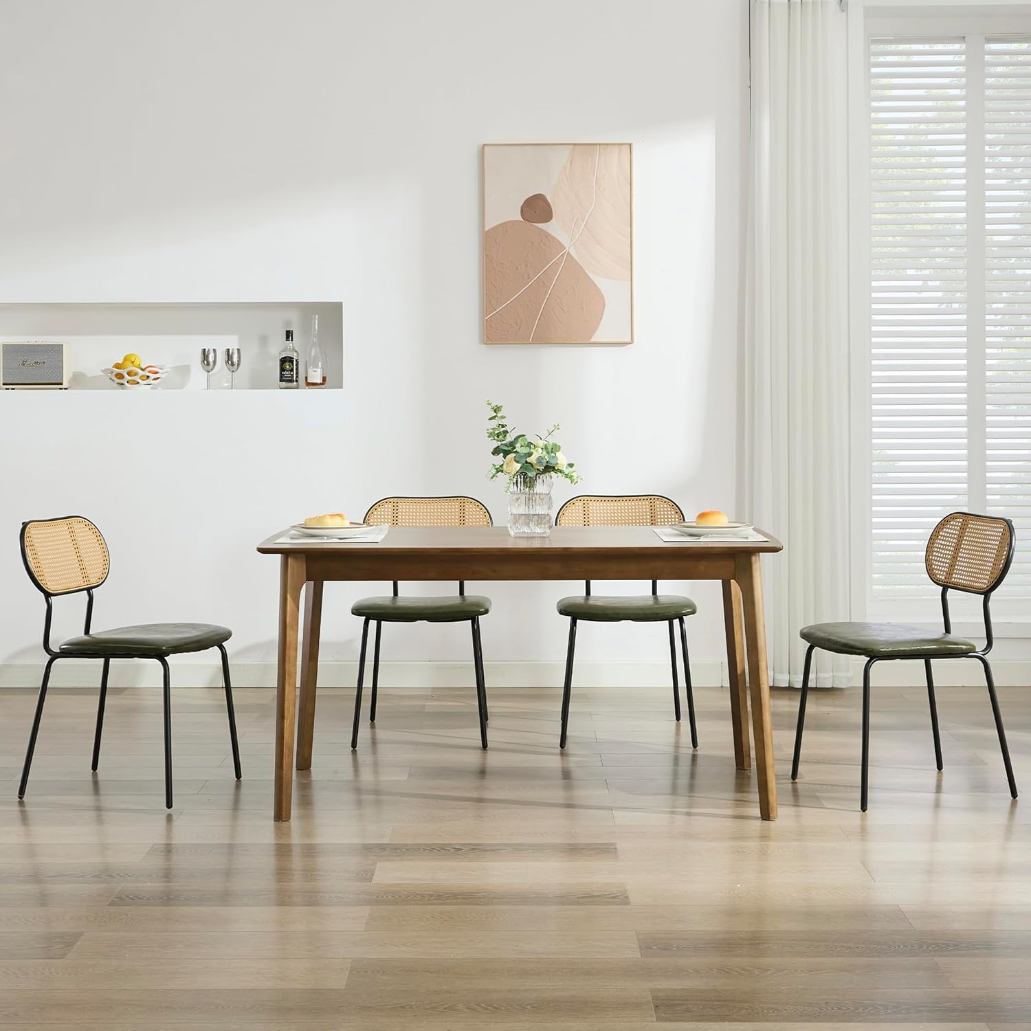 TYBOATLE Dining Chairs Set of 4 Rattan Kitchen Chairs GreenLeather Boho Dining Room Chairs Mid Century Modern Woven Upholstered Chair with Metal Leg Cane Chairs (4, Green)