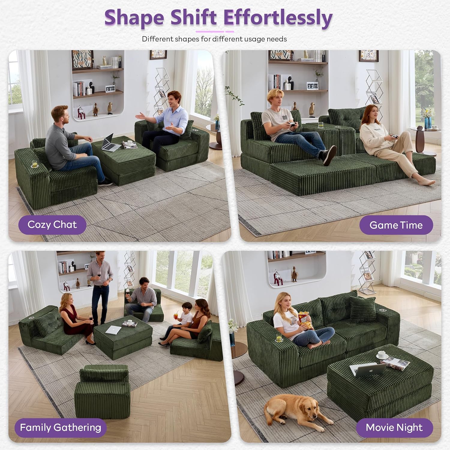 TYBOATLE Modular Cloud Sofa Loveseat with Ottoman, Corduroy Boneless Sectional Foam Couch with Deep Seats, Modern Convertible Sleeper Sofa Bed for Living Room, No Assembly (Forest Green, 2 Seat)