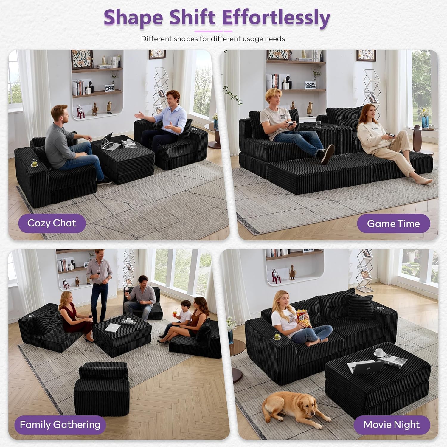 TYBOATLE Modular Cloud Sofa Loveseat with Ottoman, Modern Corduroy Boneless Sectional Foam Couch with Deep Seats, Convertible Sleeper Sofa Bed for Living Room, No Assembly (Black, 2 Seat)