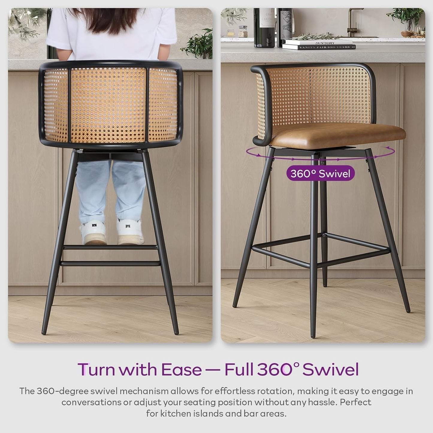 TYBOATLE Swivel Rattan Bar Stools Set of 2, 26” Counter Height Stools with Natural Rattan Woven Back and Faux Leather Seat, Mid-Century Modern Island Chairs Barstools for Kitchen, Brown
