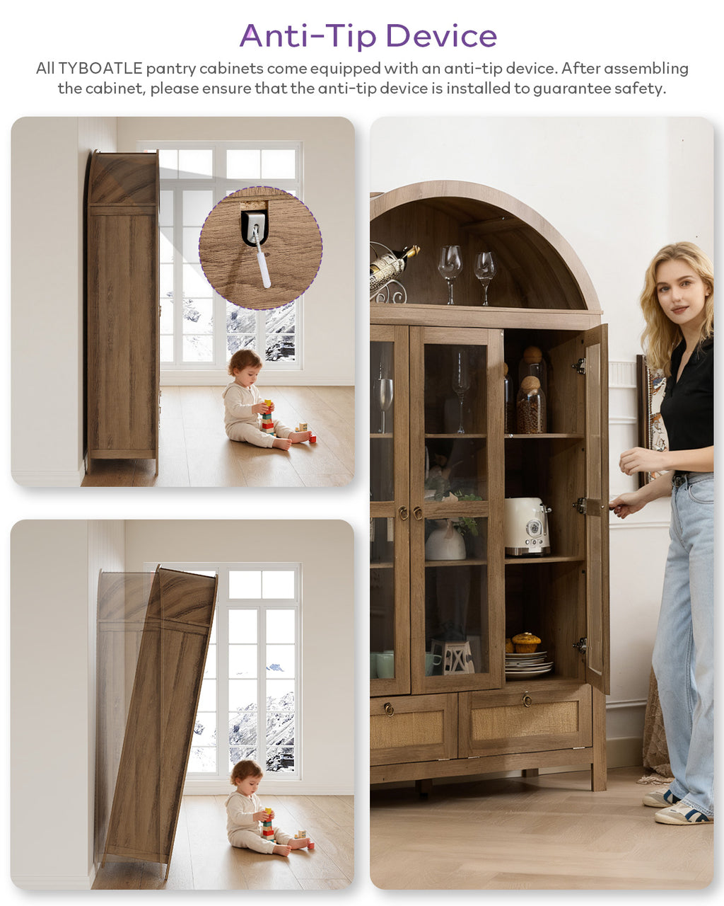 TYBOATLE 75'' Arched Cabinet Classic Farmhouse Design w/Three Glass Doors, Arch Cabinet w/Rattan Drawers and Anti-Tipping Device, Versatile Cupboard for Kitchen, Bathroom, Natural